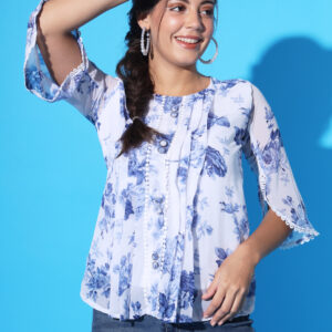 Casual Floral Print Women Blue Top.